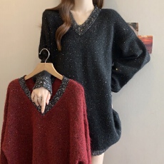 批发法式气质红色亮片V领毛衣冬季2025新款大码女装胖mm宽松针织上衣
