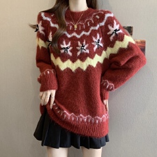 批发复古红色新年蝴蝶结毛衣女秋冬2025新款大码宽松慵懒风针织衫上衣