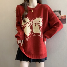 批发红色蝴蝶结正肩毛衣女2025秋冬新款大码胖mm针织衫软糯上衣