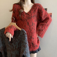 批发高级感V领正肩毛衣女2025秋冬季新款胖mm中长款马海毛上衣