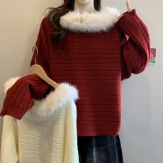 批发大码女装慵懒风设计感毛边长袖打底针织毛衣秋冬胖mm气质显瘦上衣