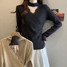 批发大码女装法式挂脖蕾丝交叉V领针织打底衫女胖mm显瘦褶皱收腰上衣