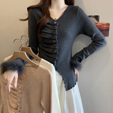 批发V领毛绒拼接长袖针织T恤女<b class='q'>秋</b>冬2025新款胖mm修身显瘦百搭简约上衣