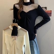 批发2025<b class='q'>秋</b>冬胖mm新款法式网纱拼接针织衫女纯欲风温柔修身褶皱毛衣