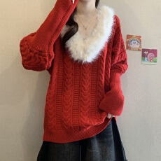 批发法式慵懒风毛领麻花针织衫女2025冬季大码胖mm加厚高级感气质毛衣