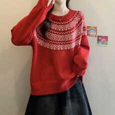 批发费尔岛圣诞红色毛衣女2025<b class='q'>秋</b>冬大码新款宽松高级感套头针织衫上衣