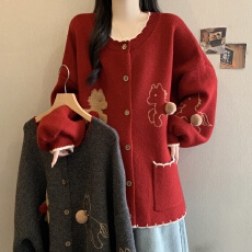 批发2026新款大码韩系圣诞新年款提花撞色立体<b class='q'>手工</b>球球针织宽松开衫