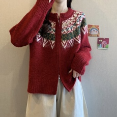 批发<b class='q'>大码</b>复古重工费尔岛圆领提花拉链针织<b class='q'>开衫</b>女软糯春秋装毛衣外套