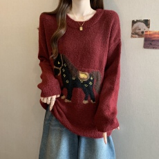 批发过年红色卡通提花毛衣女内搭秋冬新款大码<b class='q'>胖</b><b class='q'>mm</b><b class='q'>显瘦</b>减龄针织衫上衣