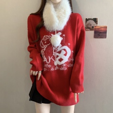 批发2026新年红色<b class='q'>毛衣</b>女情侣装本命年衣服提花秋冬针织打底衫男女喜庆