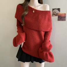 批发韩系穿搭大码喇叭袖毛衣女<b class='q'>秋</b>冬外穿宽松慵懒风高级感一字肩针织衫