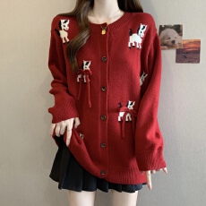 批发大码女装卡通图案长袖开衫针织外套胖妹妹韩版设计感显瘦减龄上衣