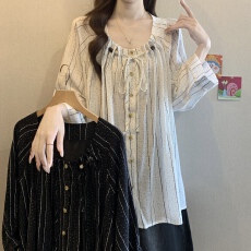 批发大码法式甜美条纹长袖衬衫女秋季微胖mm遮肉显瘦复古民族风上衣