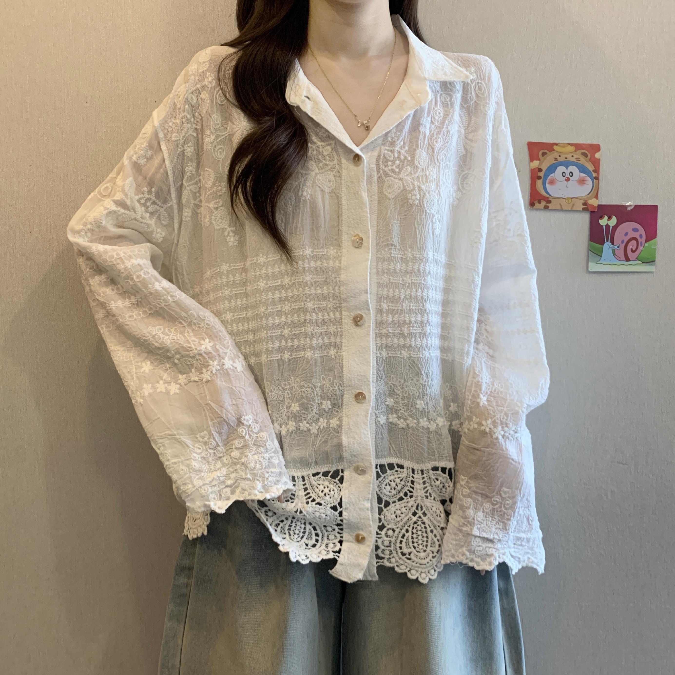 고급 센스 레이스 자카드 긴팔 화이트 여성 셔츠 봄 가을 빅 사이즈 지방 mm 루즈핏 표지 배 POLO 칼라 맨위