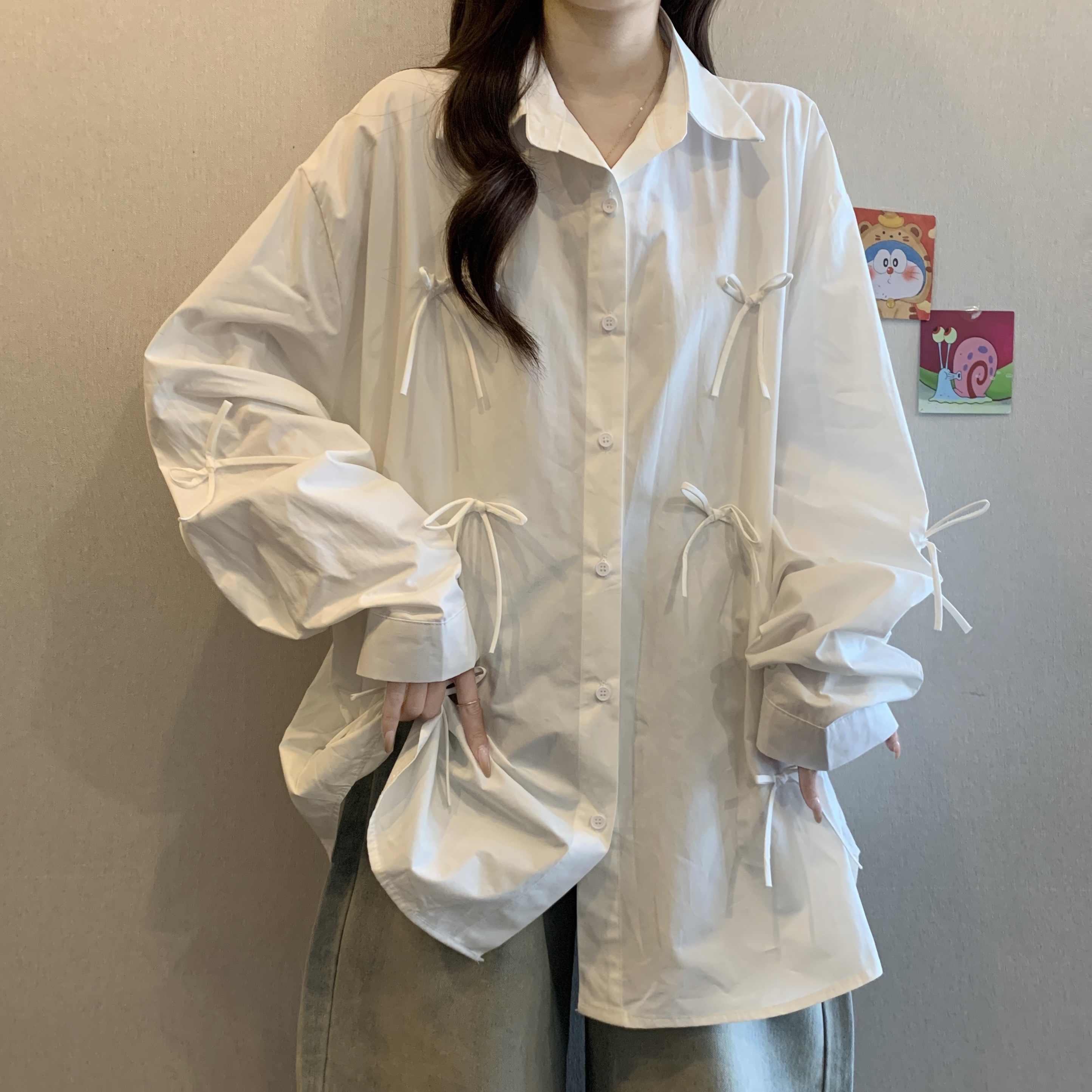 빅 사이즈 지방 mm 3 차원 나비 매듭 셔츠 여성 코트 봄 가을 셔츠 오픈 가디건 느긋한 바람 루즈핏 긴팔 맨위