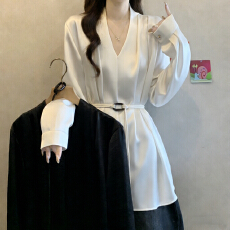 批发高级醋酸缎面飘带V领长袖衬衫早秋2025新款大码女装胖MM收腰上衣