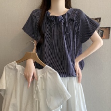 批发2026新款爆款条纹短袖衬衫大码胖MM秋季巨好看小衫显瘦遮肚上衣女