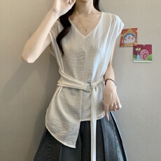 批发大码胖mm韩系V领无袖交叉绑带衬衫高级感气质收腰显瘦上衣女夏季