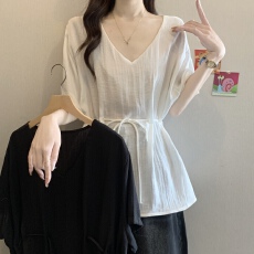 批发大码V领休闲短袖衬衫女夏季大码胖mm收腰显瘦宽松遮肚洋气上衣