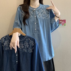 批发民族风重工刺绣立领<b class='q'>牛仔</b>衬衫女春季新款复古宽松减龄百搭长袖衬衣