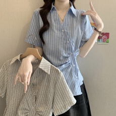 大码女装韩版不规则气质V领条纹收腰短袖衬衫夏胖mm显瘦百搭上衣