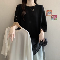批发正肩女t恤2026新款显瘦遮肉宽松韩版慵懒风拼接<b class='q'>欧根纱</b>大码<b class='q'>上衣</b>夏