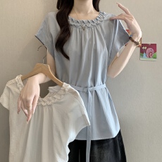 批发大码无袖T恤深衬衫女<b class='q'>秋</b>高级感气质花边领别致修身显瘦收腰衬衣