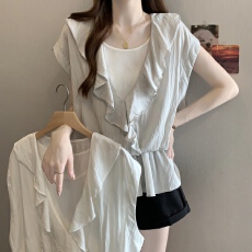 批发韩版撞色假两件荷叶边衬衫女2026<b class='q'>春</b>季新款设计感宽松独特短袖上衣