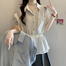 批发微胖mm漂亮蓝色短袖衬衫女装2026夏季新款爆款收腰遮肚巨好看上衣