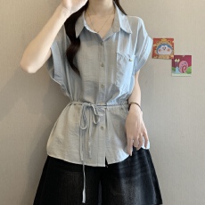 批发微胖mm漂亮蓝色短袖衬衫女装2026夏季新款爆款收腰遮肚巨好看上衣