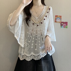 批发法式蕾丝刺绣V领雪纺衫短袖女2026夏大码胖mm外搭罩衫蝙蝠袖上衣