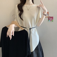 批发简约高级女装老钱风穿搭收腰针织衫宽松显瘦配腰带半袖短袖上衣