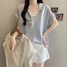 批发大码休闲显瘦夏日甜心松弛韩风假两件设计通勤短袖衬衫短袖女夏季