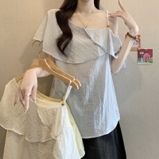 批发<b class='q'>大码</b>胖mm荷叶边斜领露肩短袖衬衫女装夏季高级感遮肚雪纺衬衣上衣