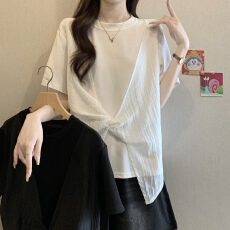 批发2026超火短袖t恤女夏新款<b class='q'>大码</b>胖mm显瘦设计感假两件雪纺拼接上衣