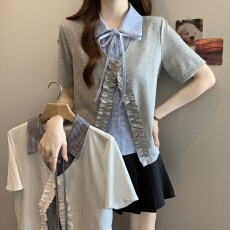 批发POLO领时尚大码2026新款V领花边系带短袖上衣显瘦夏季假两件T恤