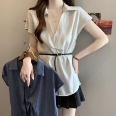 批发<b class='q'>大码</b>女装遮肚子设计感V领正肩衬衫女夏季胖妹妹宽松显瘦<b class='q'>雪纺上衣</b>