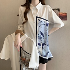 批发夏季新款欧货女装上衣设计感印花小众衬衣韩版拼接白衬衫大码洋气