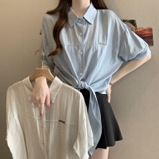 批发短袖可防晒衬衫女2026年新款夏季宽松百搭开衫薄款下摆打结衬衣
