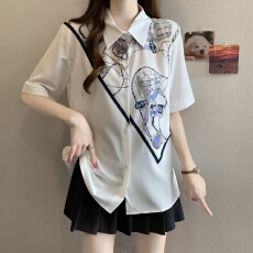 批发大码胖mm宽松时尚衬衫简约复古印花白色衬衫女法式雪纺短袖上衣夏