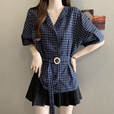 批发深蓝色格子短袖衬衫女<b class='q'>秋</b>装2026新款大码胖mm高级收腰绑带遮肚上衣