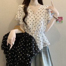 批发荷叶边小飞袖V领雪纺短袖衬衫女2026夏季大码胖mm收腰不规则上衣