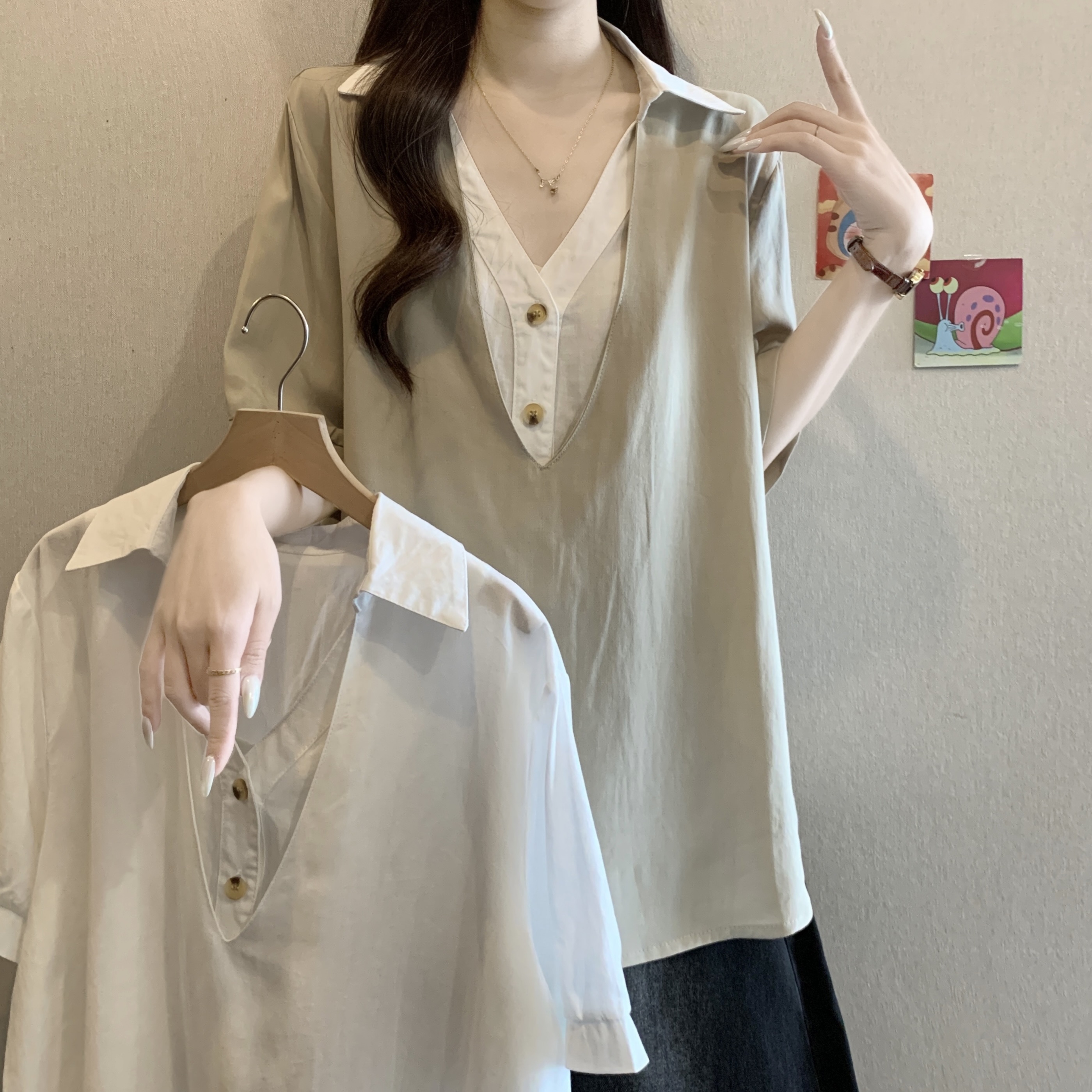 빅 사이즈 여성 의류 페이크 레이어드 폴로 칼라 루즈핏 캐주얼 반팔 셔츠 여름 지방 mm 루즈핏 표지 배 슬림해 보이는 맨위