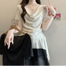 批发大码胖mm法式褶皱荡领显瘦短袖t恤女<b class='q'>夏</b>季收腰扭结设计感上衣