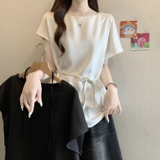 批发高级感醋酸缎面小飞袖正肩短袖衬衫女2026夏新款大码胖mm掐腰上衣