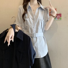 批发大码女装韩系系带收腰V领短袖衬衫女夏季显瘦减龄超火双口袋上衣
