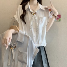 批发设计感波点丝带短袖翻领衬衫女夏季新款抽绳收腰宽松显瘦短款上衣