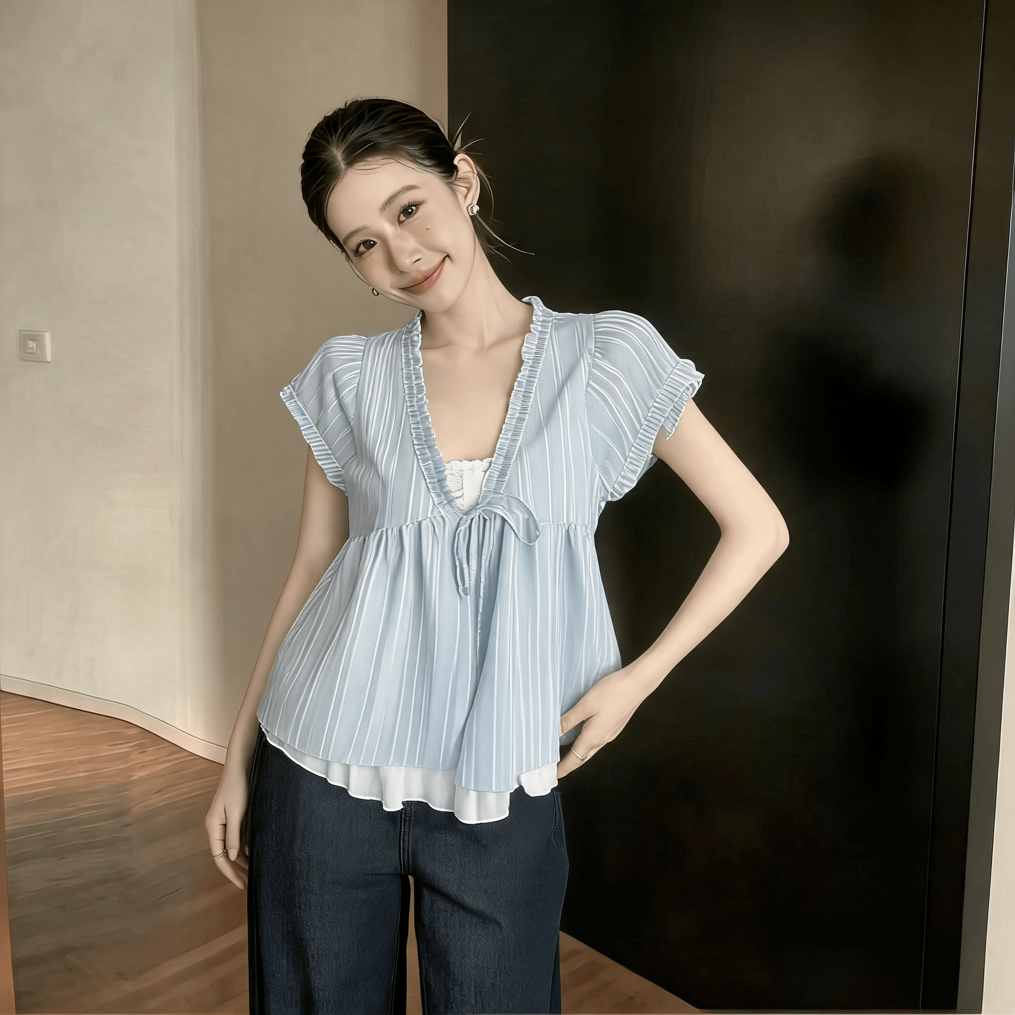 빅 사이즈 루즈핏 한국 스타일 페이크 레이어드 반팔 파란색 인형 셔츠 V 넥 셔츠 프릴 레이스업 디자인 센스 맨위