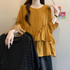 批发时尚休闲拼接荷叶边短袖衬衫女夏季百搭宽松显瘦气质纯色圆领上衣