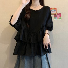 批发时尚休闲拼接荷叶边短袖衬衫女夏季百搭宽松显瘦气质纯色圆领上衣